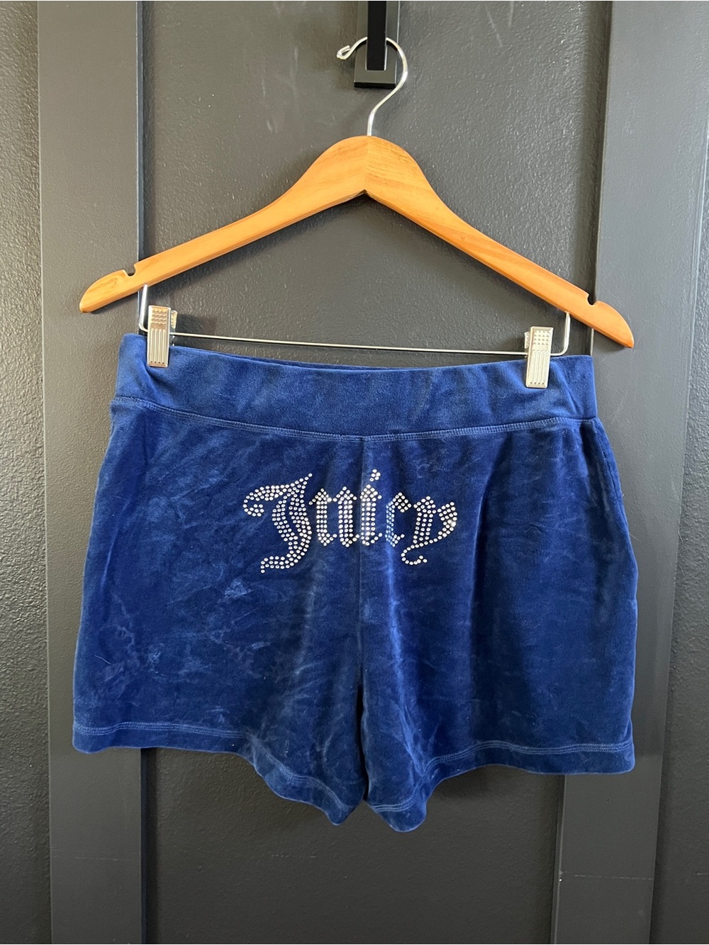Juicy Couture Navy Velour High Waist Shorts with Rhinestone 'Juicy' Logo